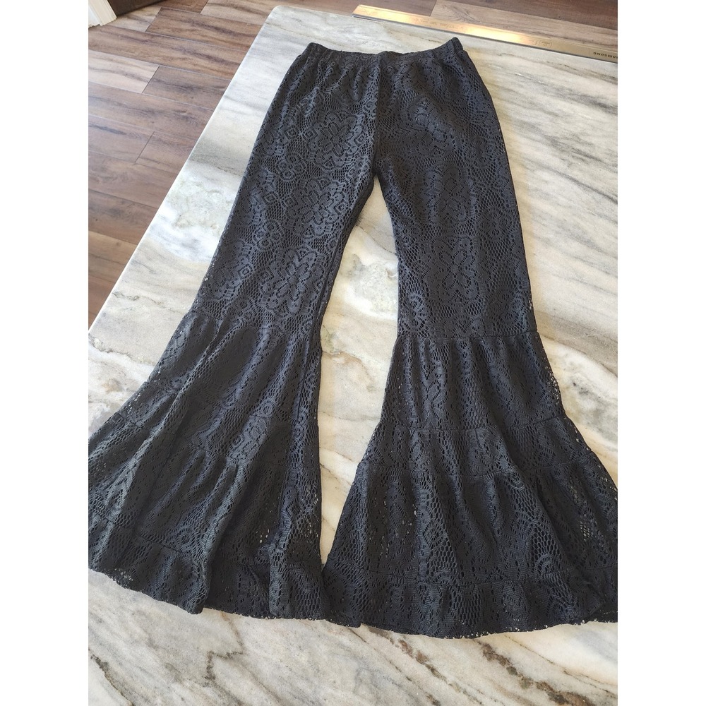 Black Floral Lace High Waisted Tiered Ruffle Bell Bottom Flare Pants Western